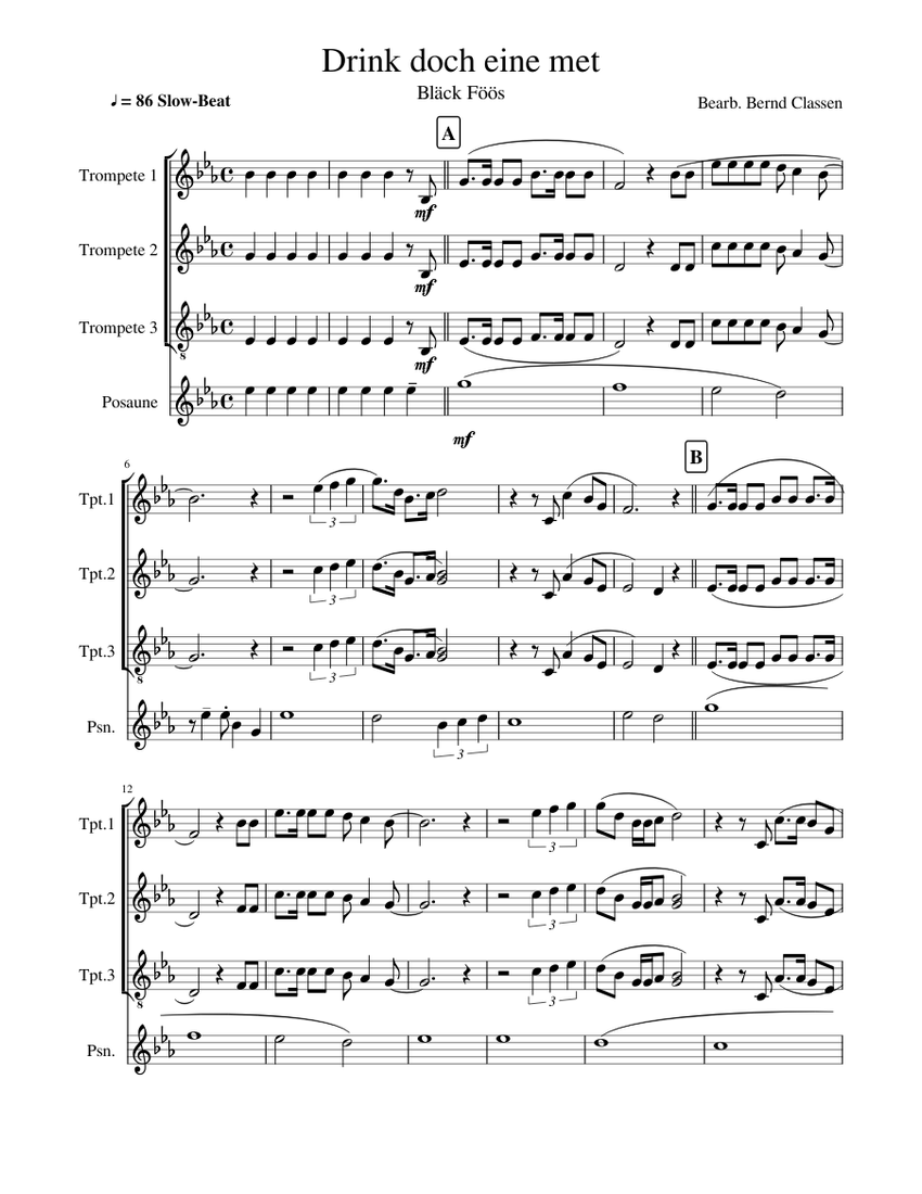 Drink doch eine met Sheet music for Trumpet (In B Flat), Trombone (Mixed  Quartet) | Musescore.com