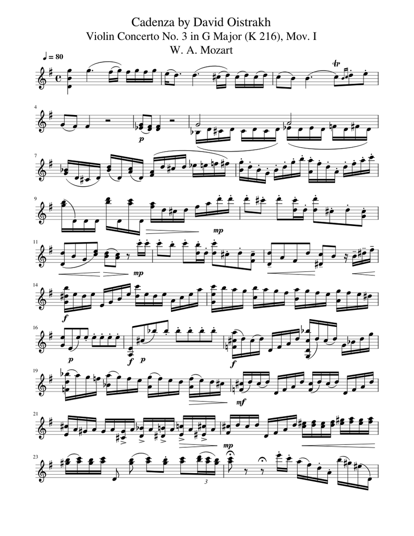 Tilbagekaldelse Definition virtuel Cadenza by David Oistrakh - Violin Concerto No.3 in G major, Mov. I, K.216,  W. A. Mozart Sheet music for Violin (Solo) | Musescore.com
