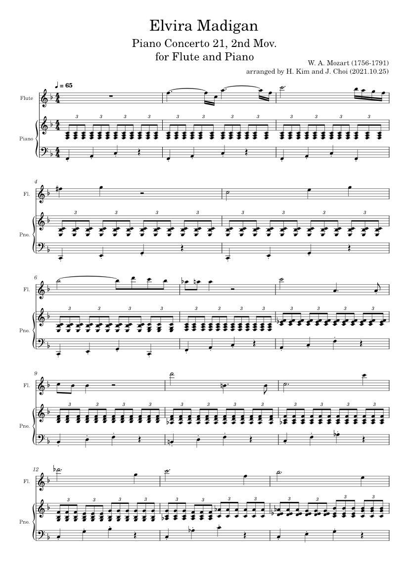 Mozart - "Elvira Madigan", Piano Concerto 21, 2nd Mov. for Flute and Piano  Sheet music for Piano, Flute (Solo) | Musescore.com