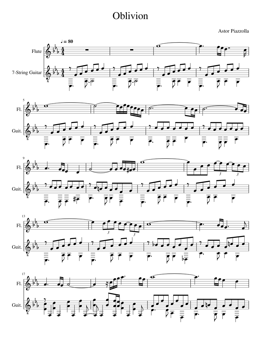 Oblivion (A.Piazzolla) Sheet music for Flute, Guitar (Mixed Duet) |  Musescore.com