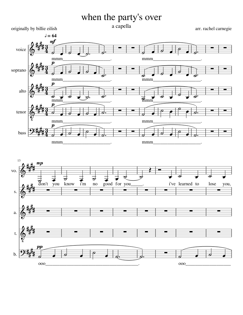 when the party's over billie eilish a capella Sheet music for Soprano,  Alto, Tenor, Bass voice & more instruments (A Capella) | Musescore.com