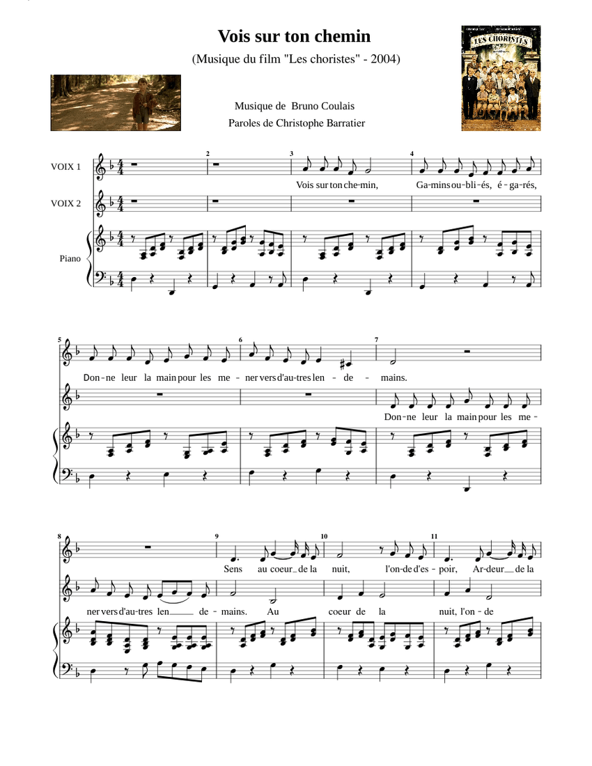 Vois sur ton chemin - C. Baratier & B. Coulais (2 voix & Piano MuseScore)  Sheet music for Piano (SATB) | Musescore.com