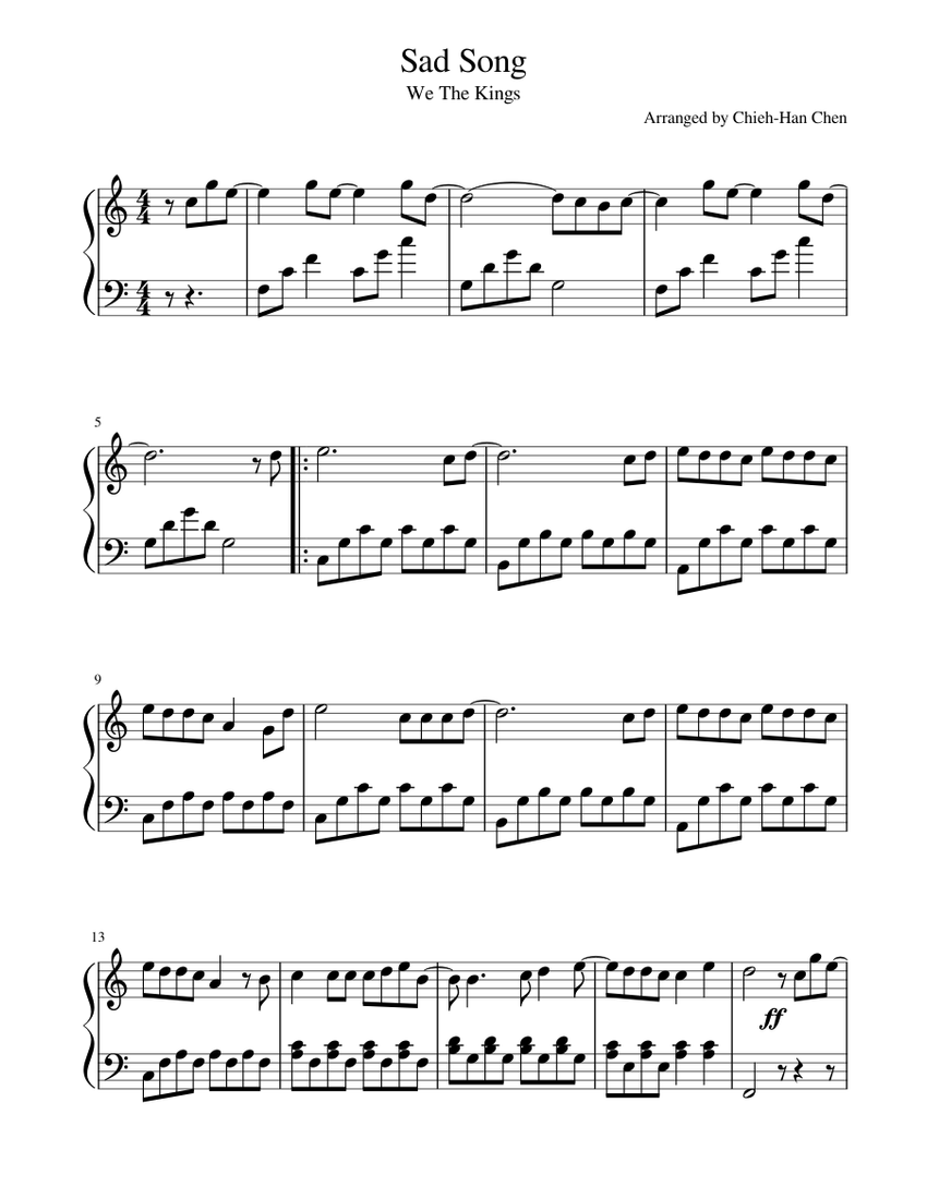 Sad Song We The Kings (easy piano, C Major) Sheet music for Piano (Solo) |  Musescore.com