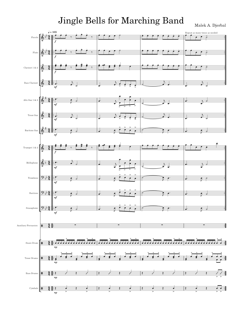 Jingle Bells for Marching Band Sheet Music for Trombone, Tuba, Flute ...