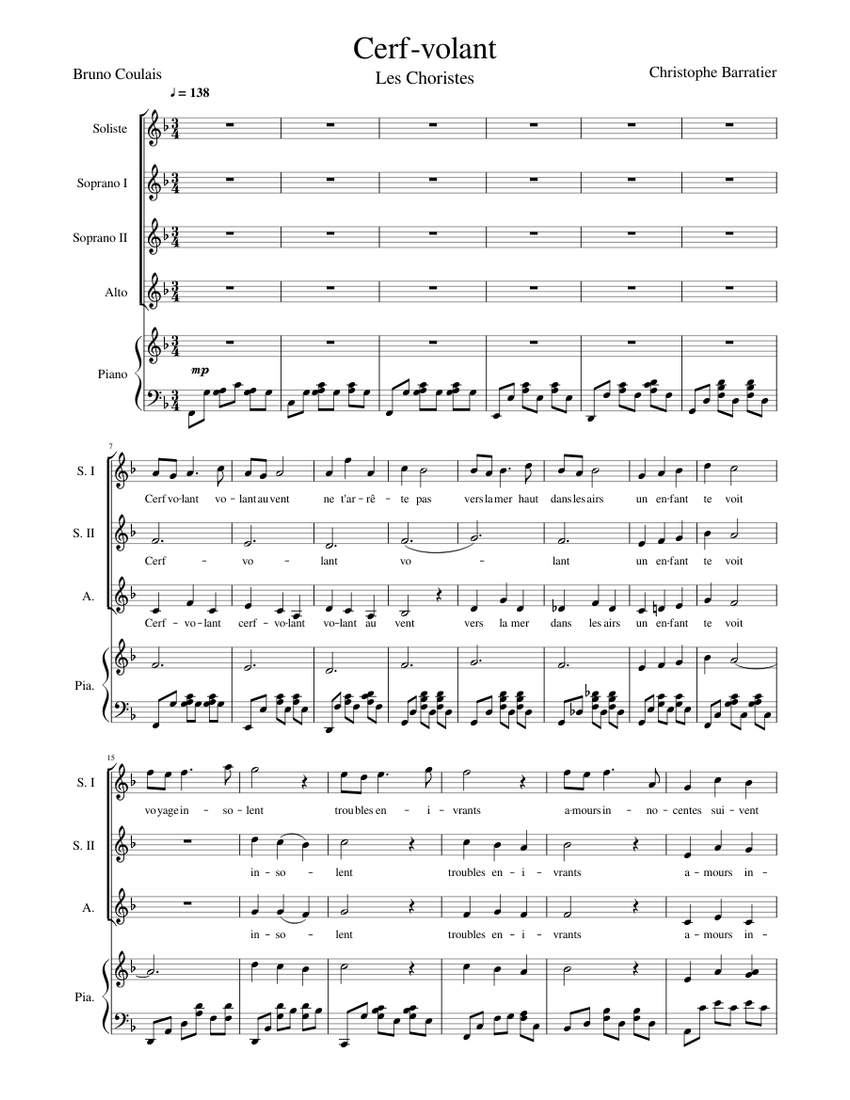 Cerf-volant - Les Choristes Sheet music for Piano, Soprano, Alto (Mixed  Quintet) | Musescore.com