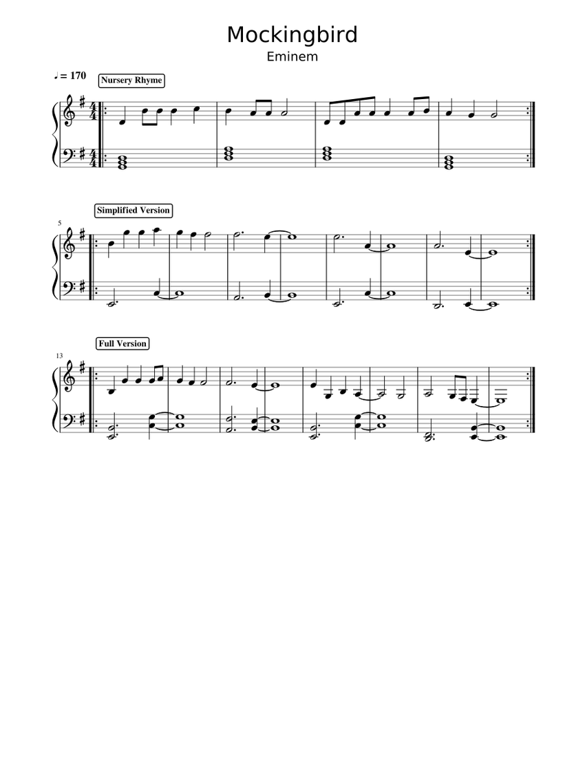 Eminem - Mockingbird Sheet music for Piano (Solo) | Download and print in  PDF or MIDI free sheet music for mockingbird by Eminem (hip hop ) |  Musescore.com
