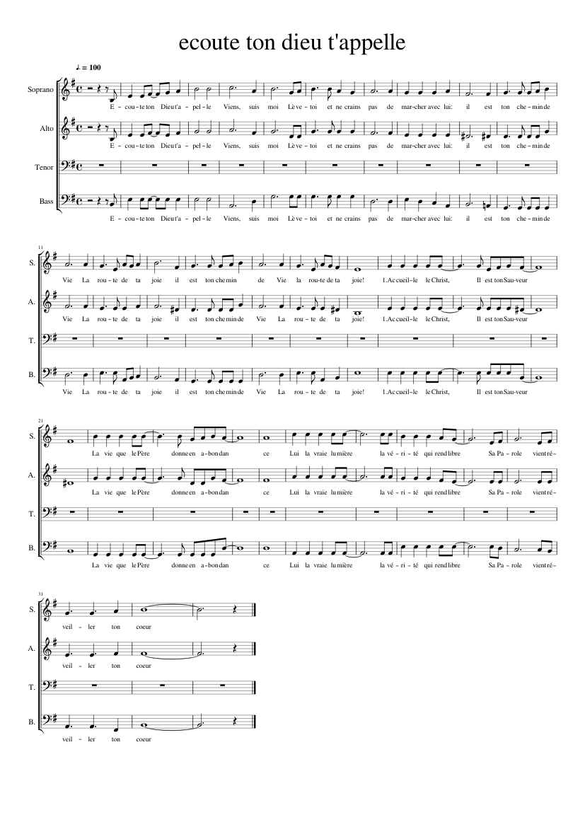 Ecoute ton dieu t'appelle Sheet music for Soprano, Alto, Tenor, Bass voice  (Choral) | Musescore.com