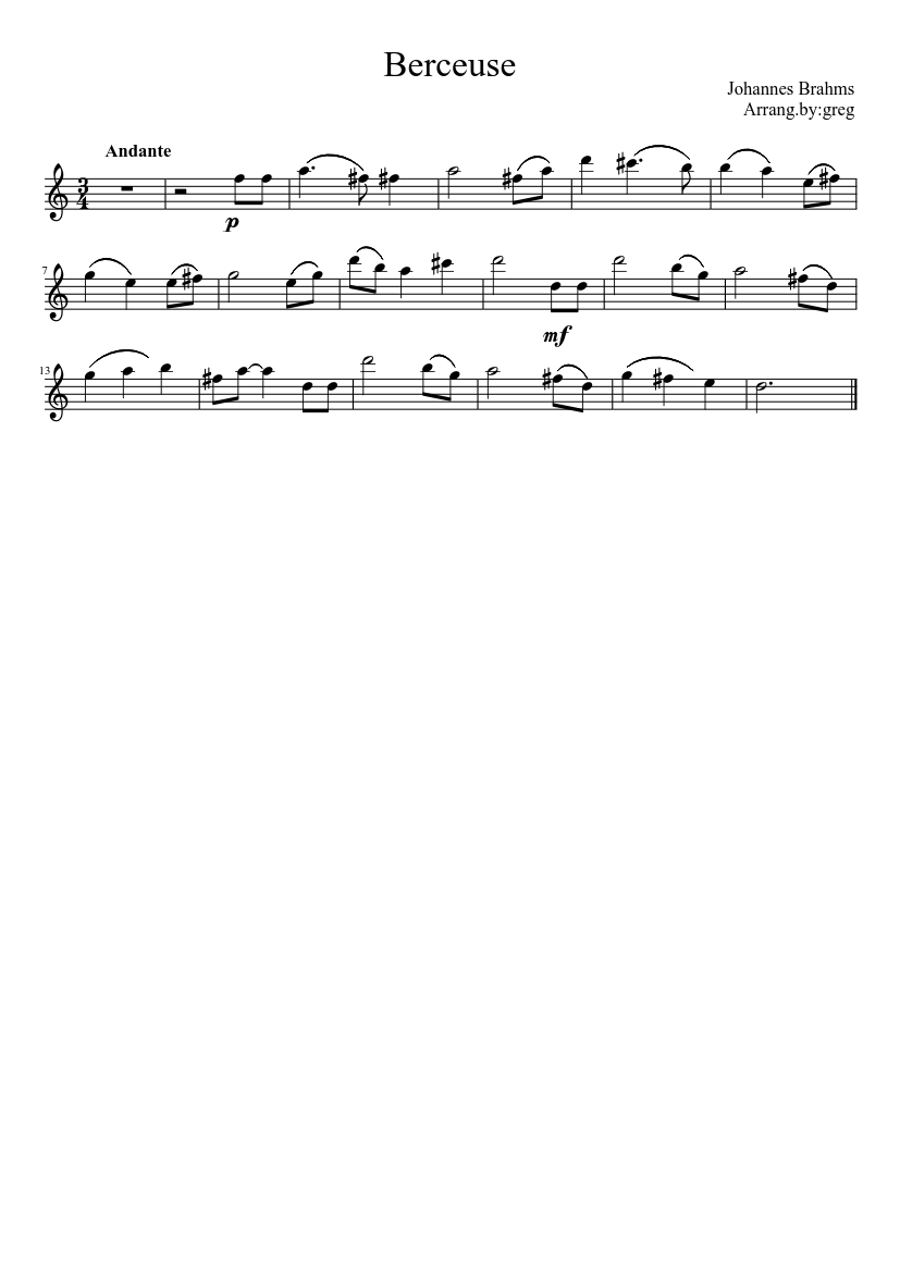 Berceuse Original version - Piano - Sheet music - Cantorion - Free sheet  music, free scores