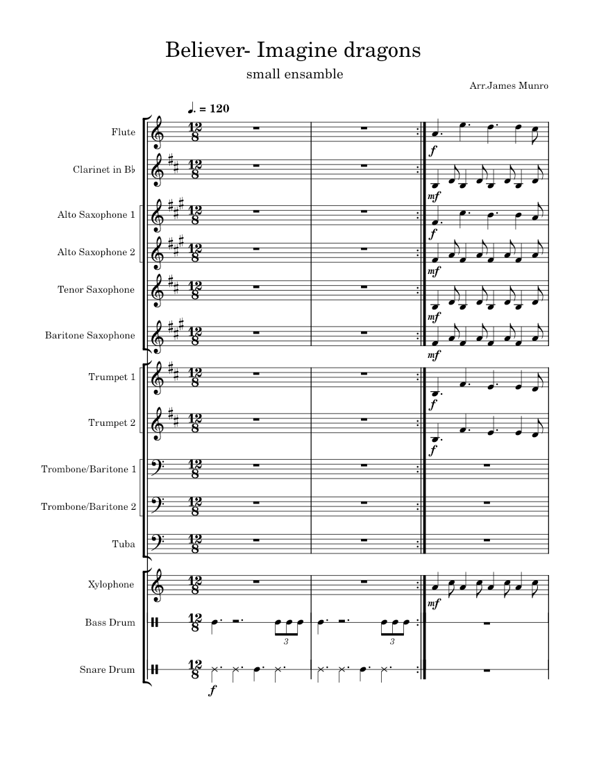 Believer Imagine Dragons Unfinished Sheet Music For Trombone Tuba Flute Saxophone Alto 