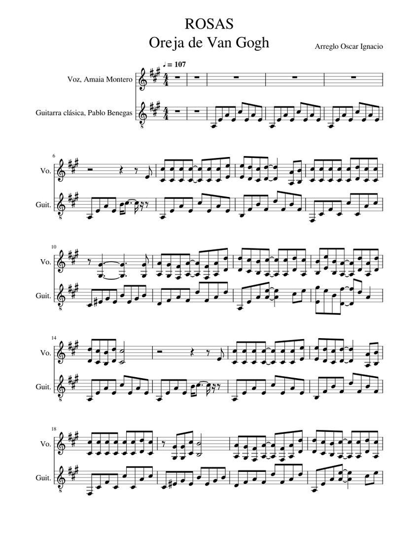 La Oreja de Van Gogh Rosas Sheet music for Vocals, Guitar (Mixed Duet)