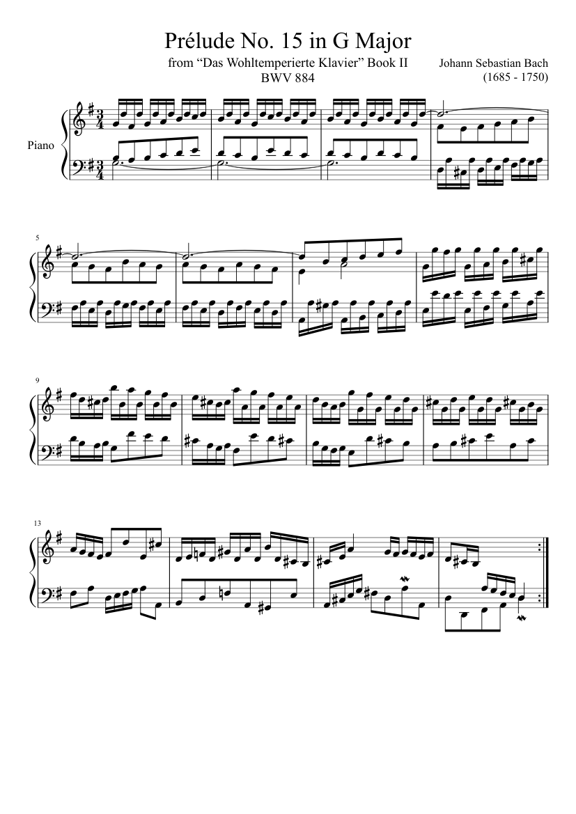 Prélude No. 15 BWV 884 in G Major Sheet Music for Piano (Solo