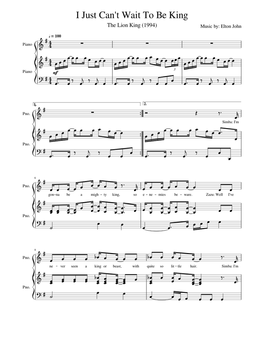 I Just Can't Wait To Be King (Lion King) Sheet music for Piano (Solo) |  Musescore.com
