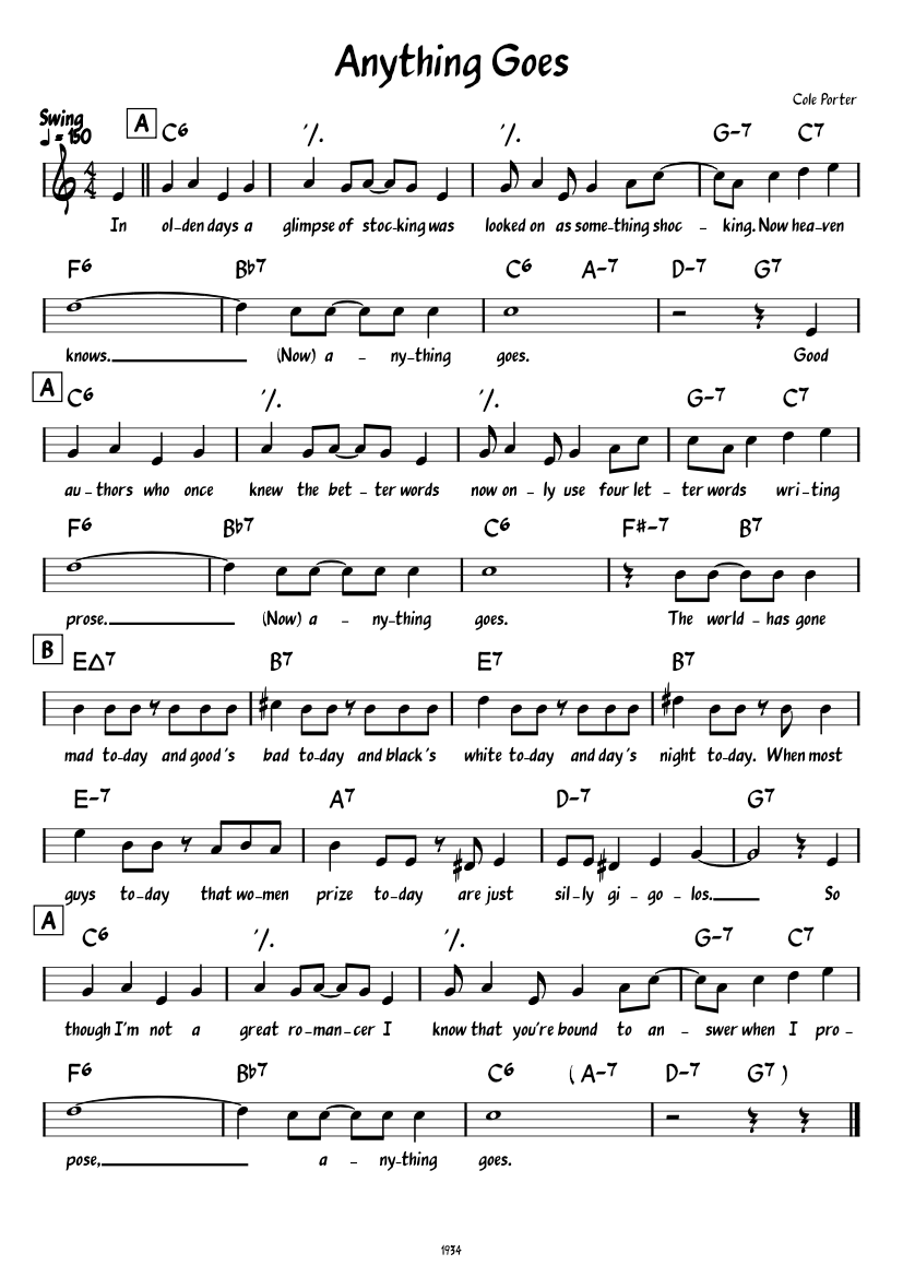 Anything Goes – Cole Porter Sheet Music with Chords for Vibraphone ...