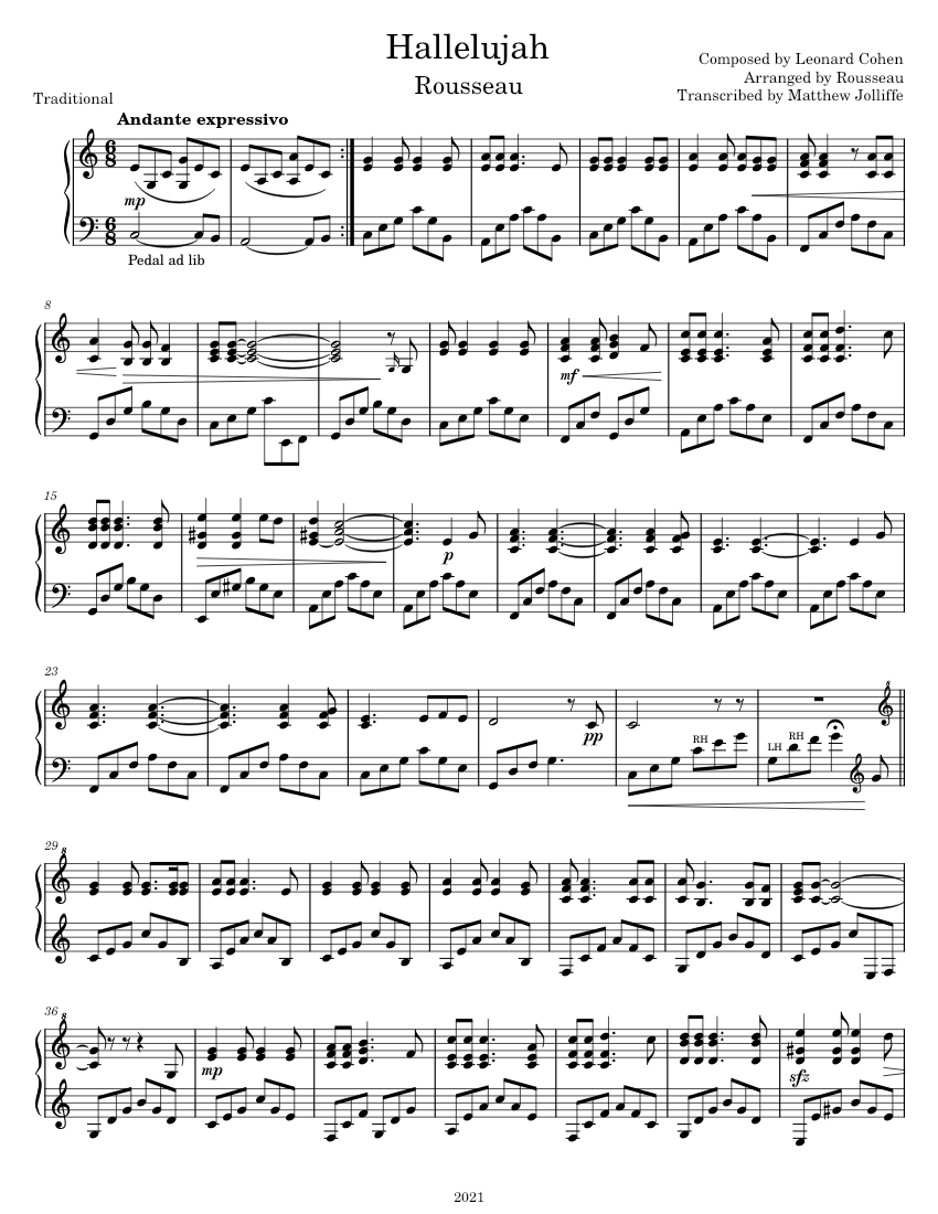 Hallelujah – Leonard Cohen (Rousseau Cover) Sheet music for Piano (Solo) |  Musescore.com