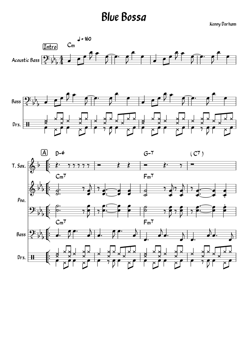 Tenor Saxophone BLue Bossa Sheet music for Piano, Saxophone tenor, Bass
