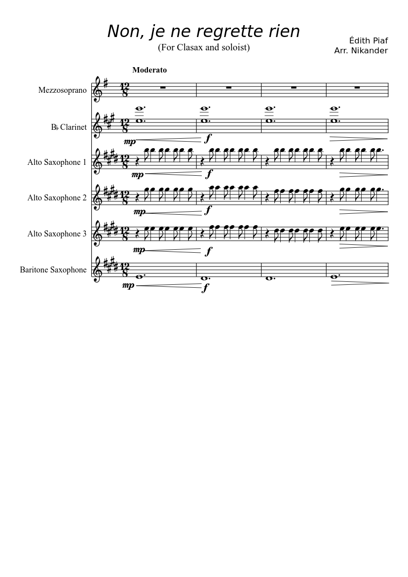 Edith Piaf Non Je Ne Regrette Rien Clasax Soloist Sheet Music For Clarinet Solo Musescore Com