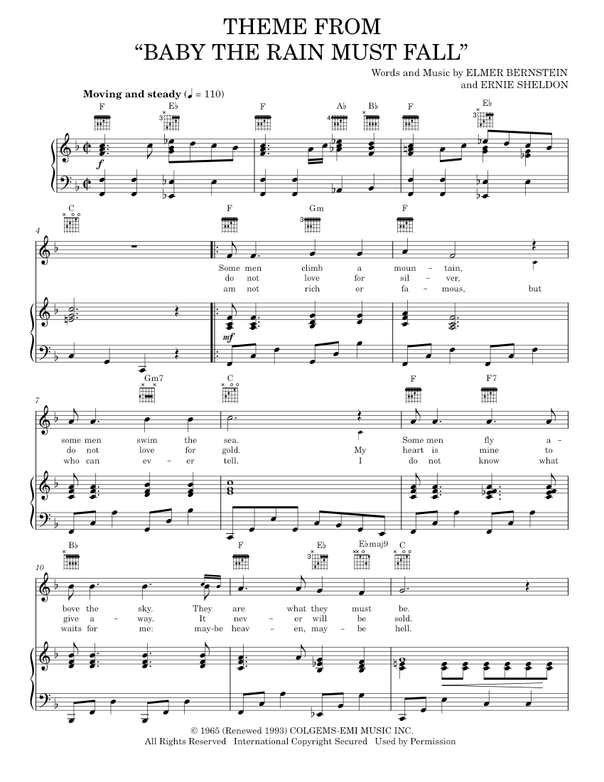 Theme From "Baby The Rain Must Fall" Sheet music for Piano, Vocals by