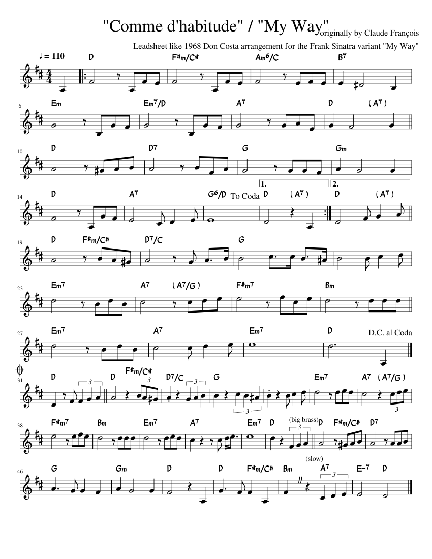 Comme d'habitude" (aka "My Way") leadsheet Sheet music for Piano (Solo) |  Musescore.com