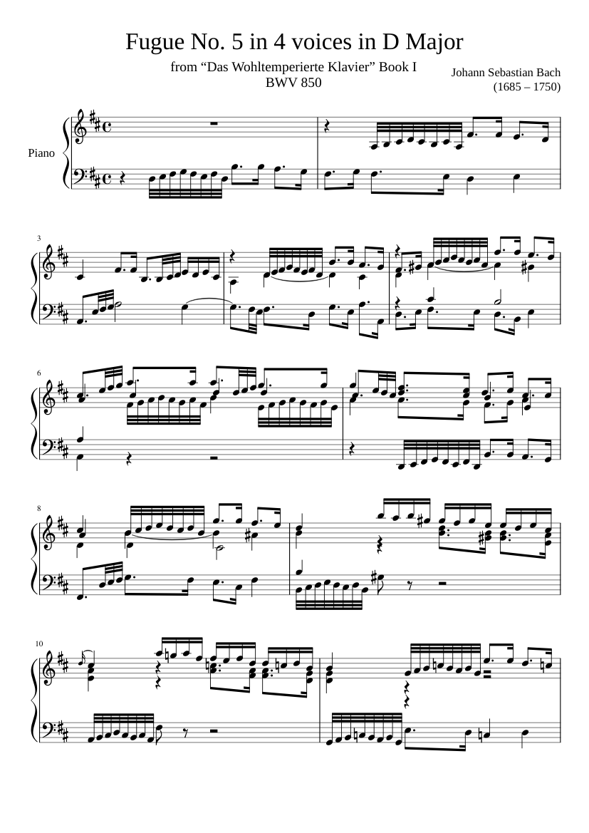 Correspondent Changeable finish Fugue No. 5 BWV 850 in D Major Sheet music for Piano (Solo) | Musescore.com