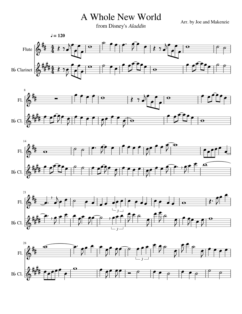 A Whole New World Sheet Music For Flute Clarinet In B Flat Woodwind Duet Musescore Com