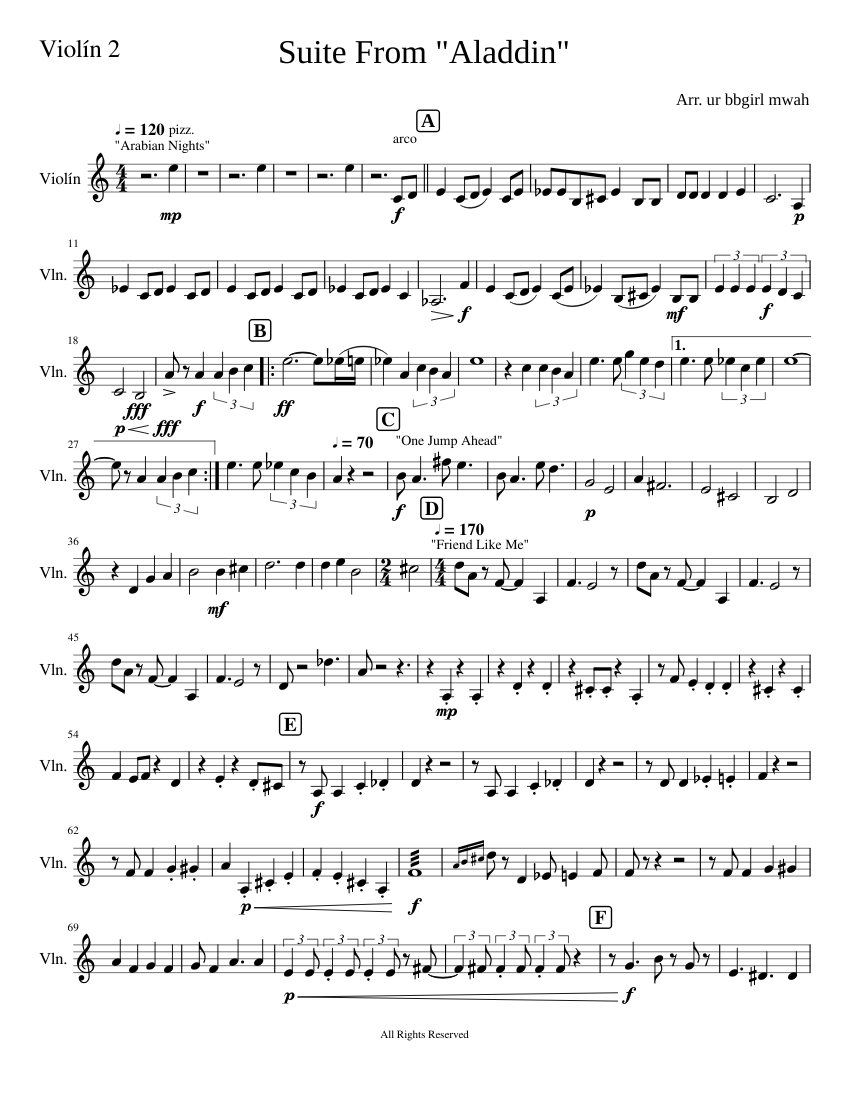 Aladdin Medley Violín 2 Sheet Music For Violin Solo 7939