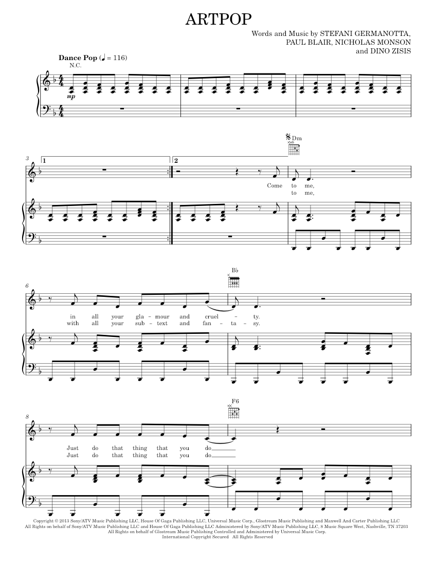 Play Official version of Artpop Sheet Music by Lady Gaga for Piano ...