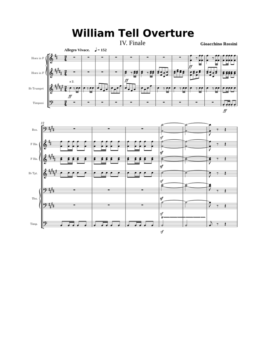 William Tell Overture, Finale Rossini Sheet music for Trombone, Flute piccolo, Flute, Oboe