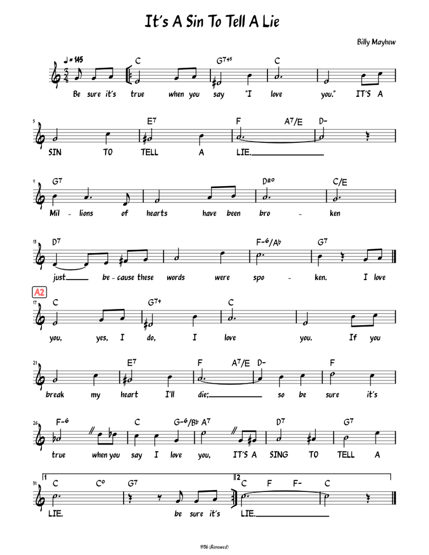 It's A Sin To Tell A Lie (Lead sheet with lyrics ) Sheet music for ...