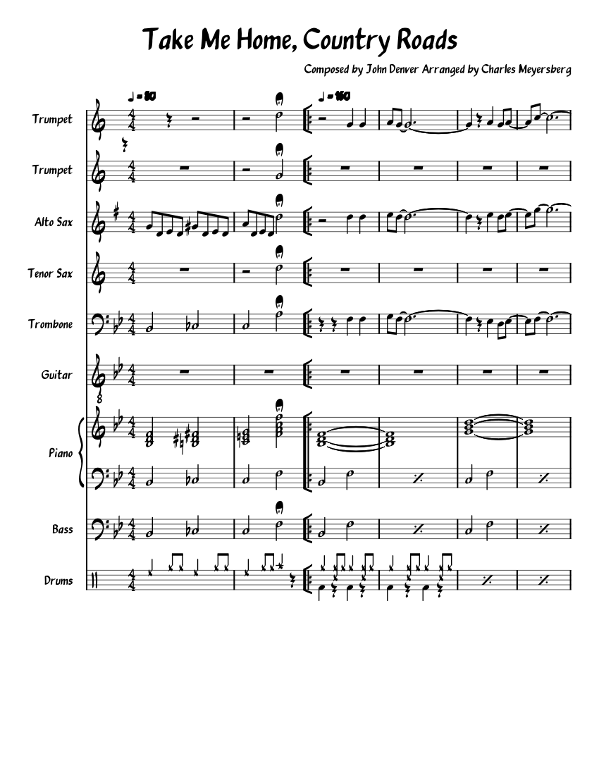 Take Me Home, Country Roads Sheet music for Piano, Trombone, Saxophone  alto, Saxophone tenor & more instruments (Mixed Ensemble) | Musescore.com