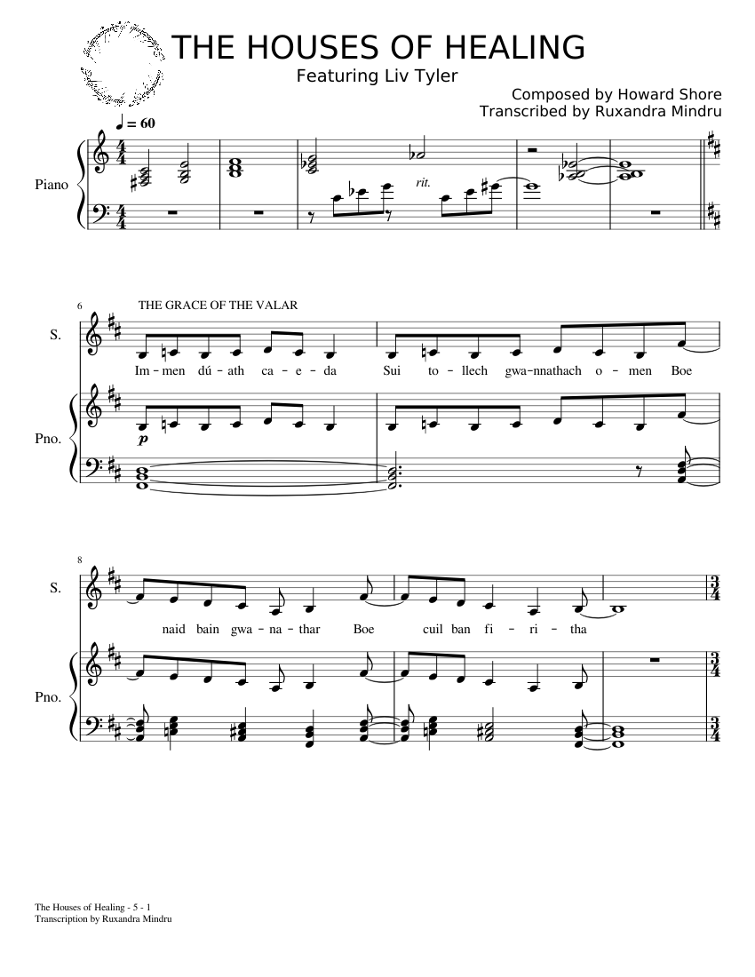 The Houses Of Healing Howard Shore Sheet Music For Piano Soprano Piano Voice Musescore Com