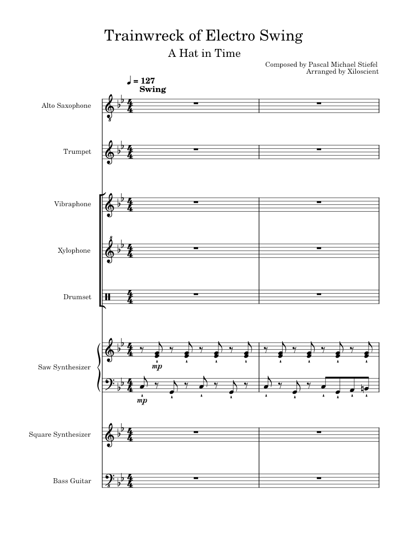 Trainwreck of Electro Swing Sheet music for Saxophone alto, Vibraphone,  Bass guitar, Drum group & more instruments (Mixed Ensemble) | Musescore.com