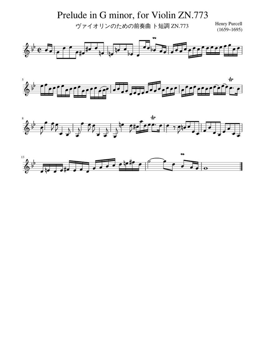 Henry Purcell (1659~1695) - Prelude in G minor, for Violin ZN.773 Sheet ...