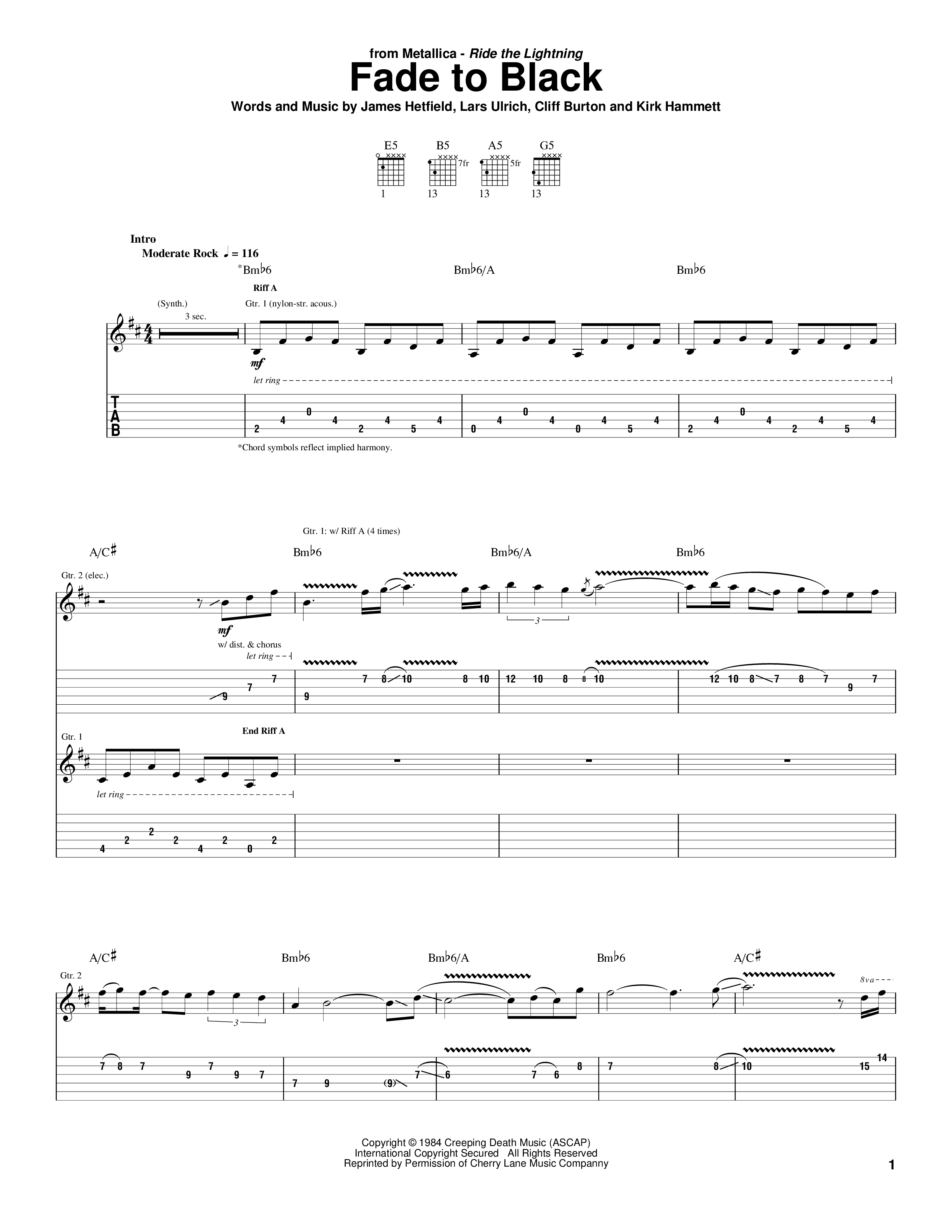 Play Official Version Of Fade To Black Sheet Music By Metallica For Guitar 