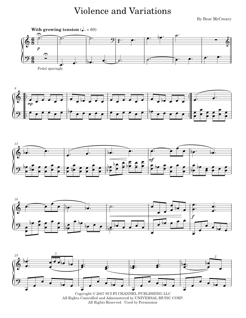 Violence And Variations Sheet music for Piano by Bear McCreary: Music ...