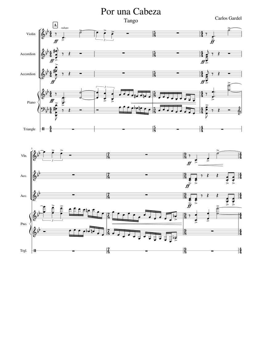 Por Una Cabeza Sheet Music For Piano Violin Triangle Accordion Mixed Quartet Musescore Com