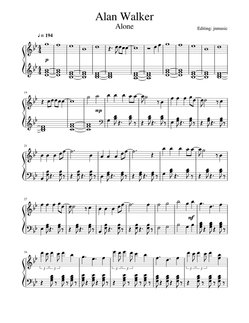 Alan Walker Alone Piano Sheet Music For Piano Solo Musescore Com