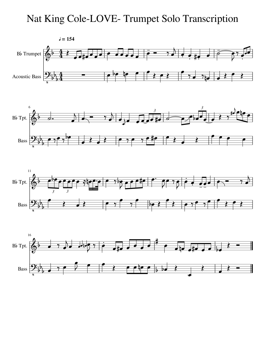 Nat King Cole-LOVE Trumpet Solo Transcription w/ bass backgrounds Sheet  music for Trumpet in b-flat, Bass guitar (Mixed Duet) | Musescore.com