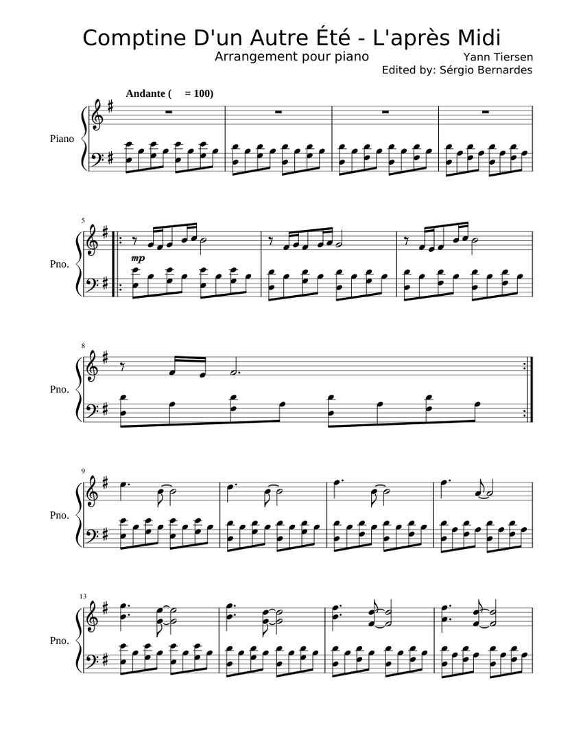 Yann Tiersen Comptine D Un Autre Ete L Apres Midi Sheet Music For Piano Solo Musescore Com His music involves a large variety of instruments; yann tiersen comptine d un autre ete