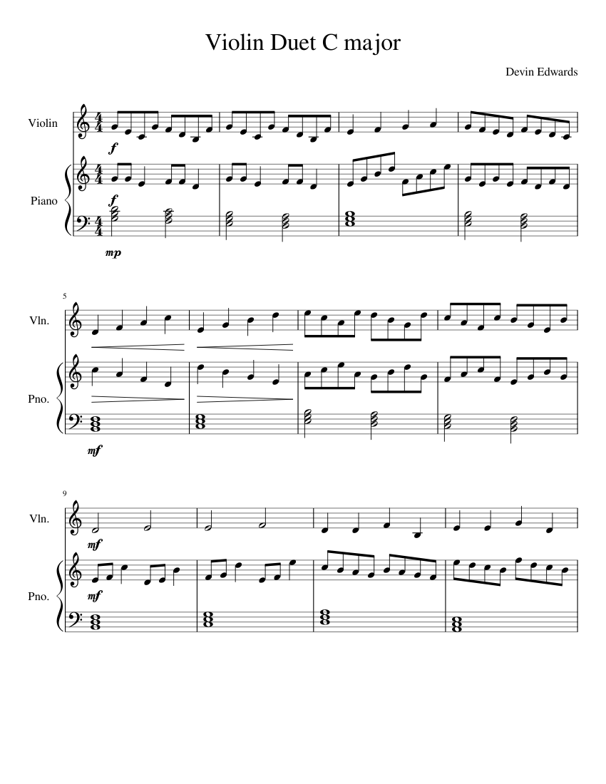 Violin Duet C major Sheet Music for Piano, Violin (Solo) | MuseScore.com