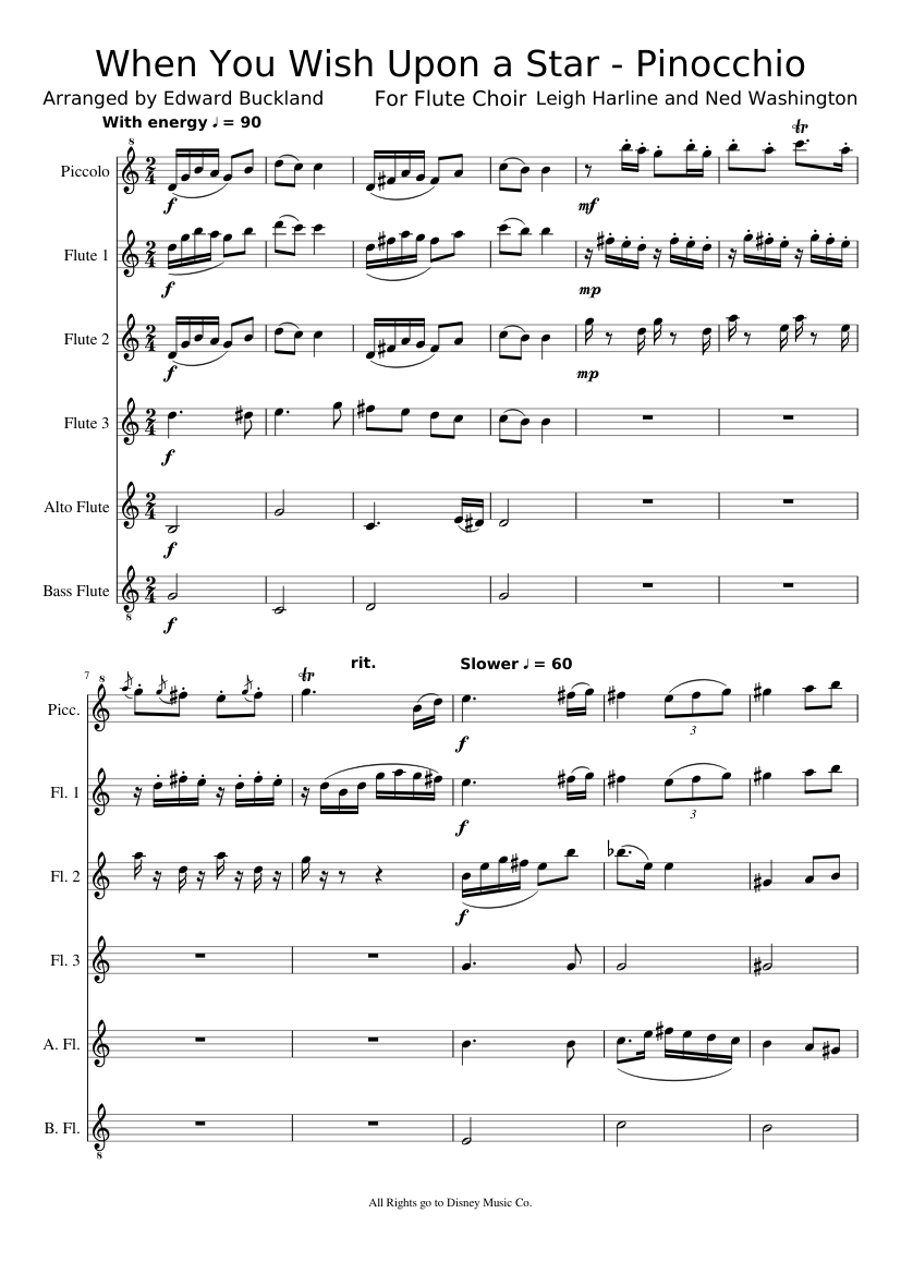 Pinocchio When You Wish Upon A Star Flute Choir Sheet Music For Flute Flute Piccolo Flute Alto Flute Bass Woodwind Ensemble Musescore Com