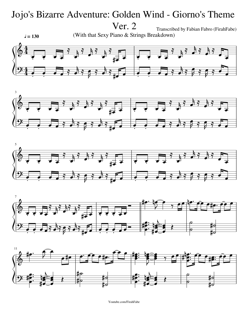 Jojo s Bizarre Adventure Golden Wind Giorno's Theme Ver 2 Sheet music for  Piano (Solo) | Musescore.com