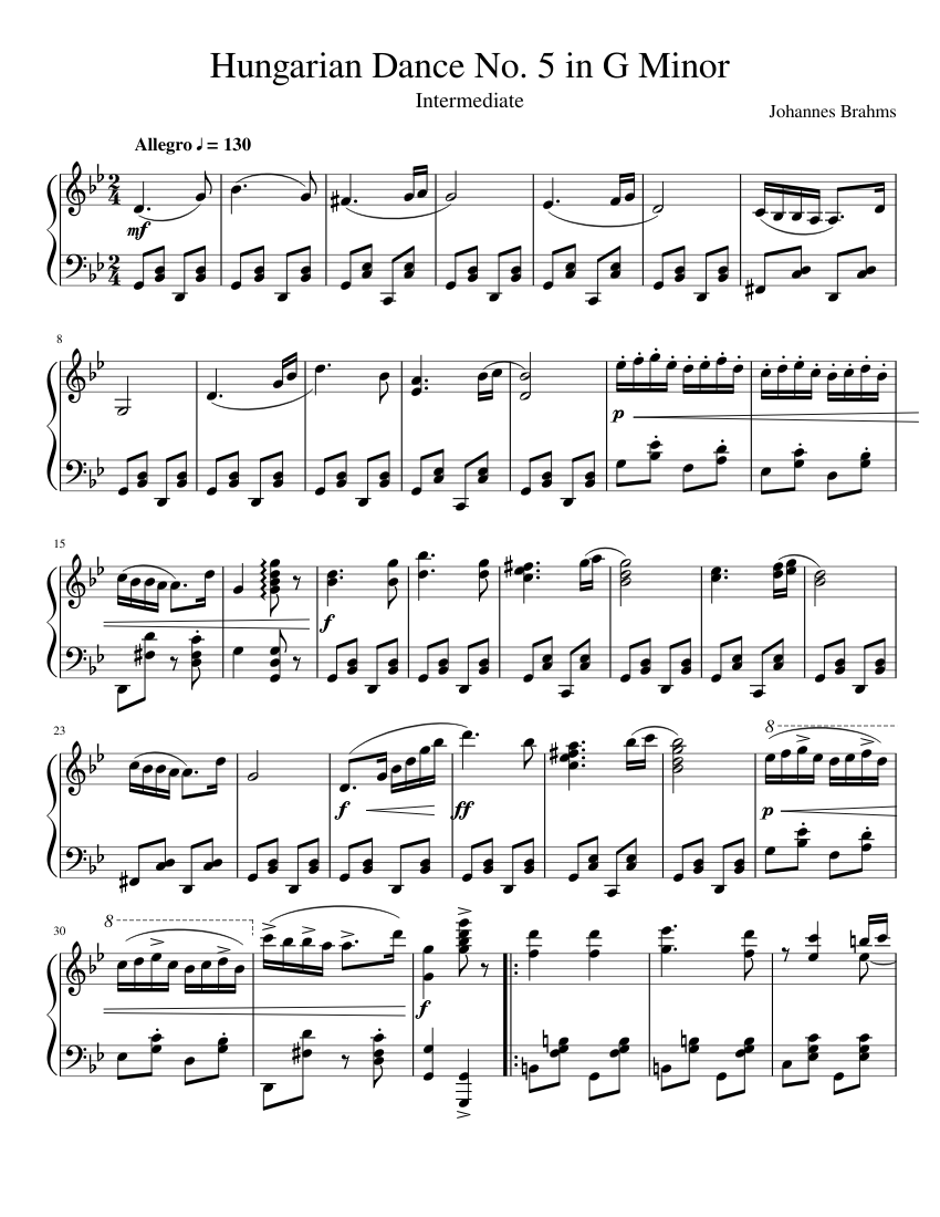 Hungarian Dance No 5 in G Minor Sheet music for Piano (Solo) | Musescore.com