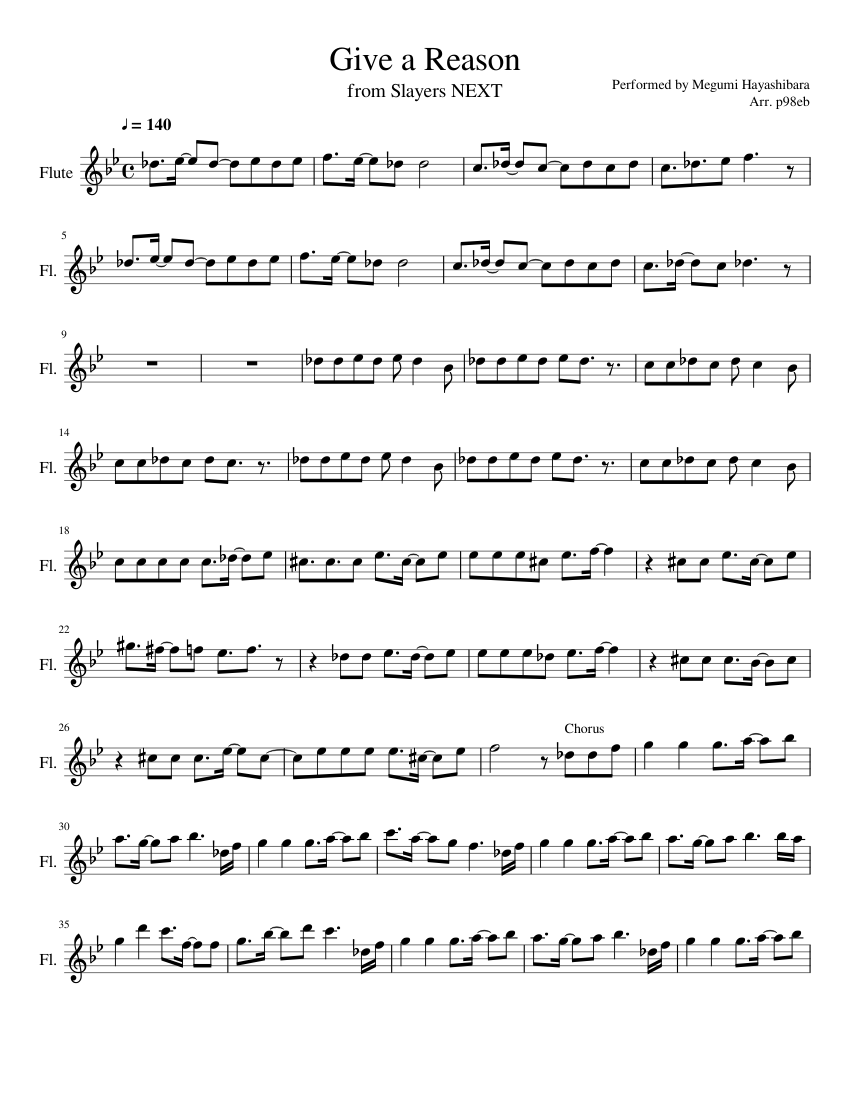 Give A Reason Slayers Next Op Sheet Music For Piano Flute Solo Musescore Com