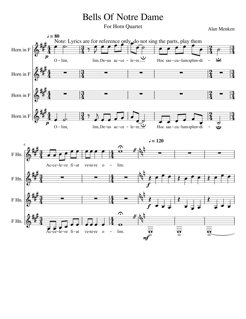 Bells Of Notre Dame Sheet music for French horn (Mixed Quartet) |  Musescore.com