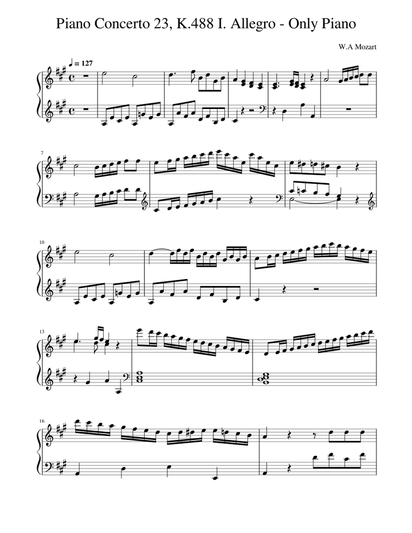 Piano Concerto No.23 in A major, K.488 – Wolfgang Amadeus Mozart 1 mov Piano  Concerto 23 K488 - Only Piano Sheet music for Piano (Solo) | Musescore.com