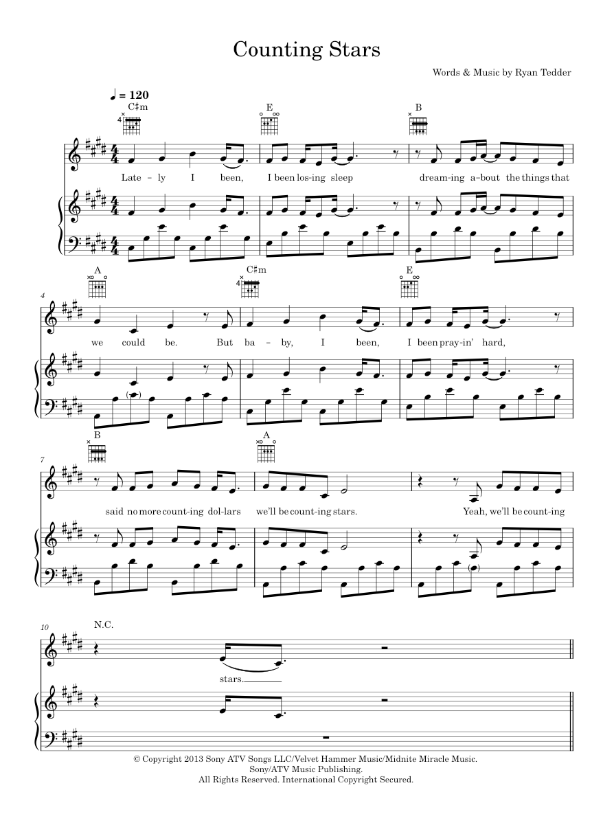 Counting Stars Sheet Music For Piano Vocals By OneRepublic Official Counting Stars Sheet Music For Piano Vocals By OneRepublic Official