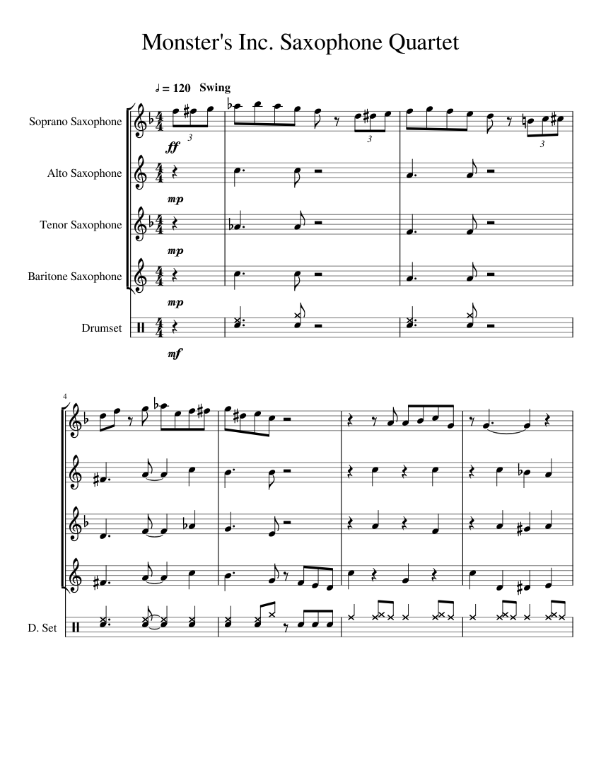 Monster's Inc. Saxophone Quartet Sheet music for Drum Group, Saxophone