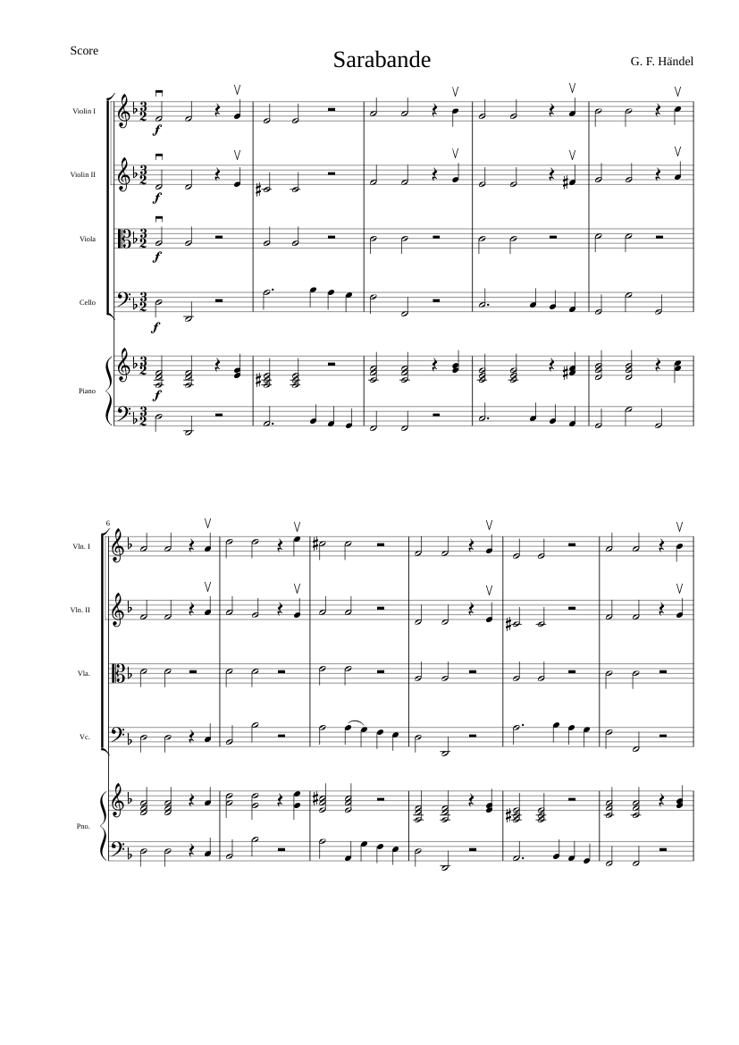 G. F. Haendel Sarabanda Sheet music for Piano, Violin, Viola, Cello (String  Orchestra) | Musescore.com