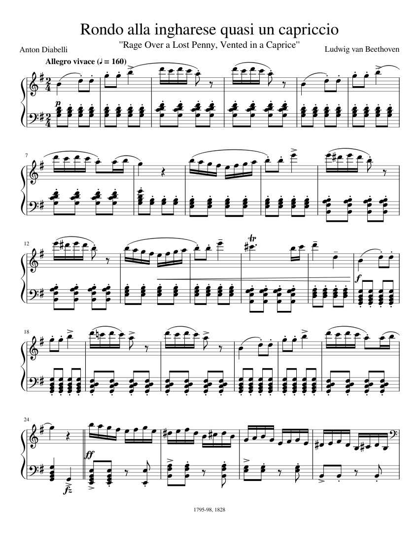 Beethoven: Rondo alla ingharese quasi un capriccio (Rage Over a Lost Penny)  (c. 1795-98) Sheet music for Piano (Solo)