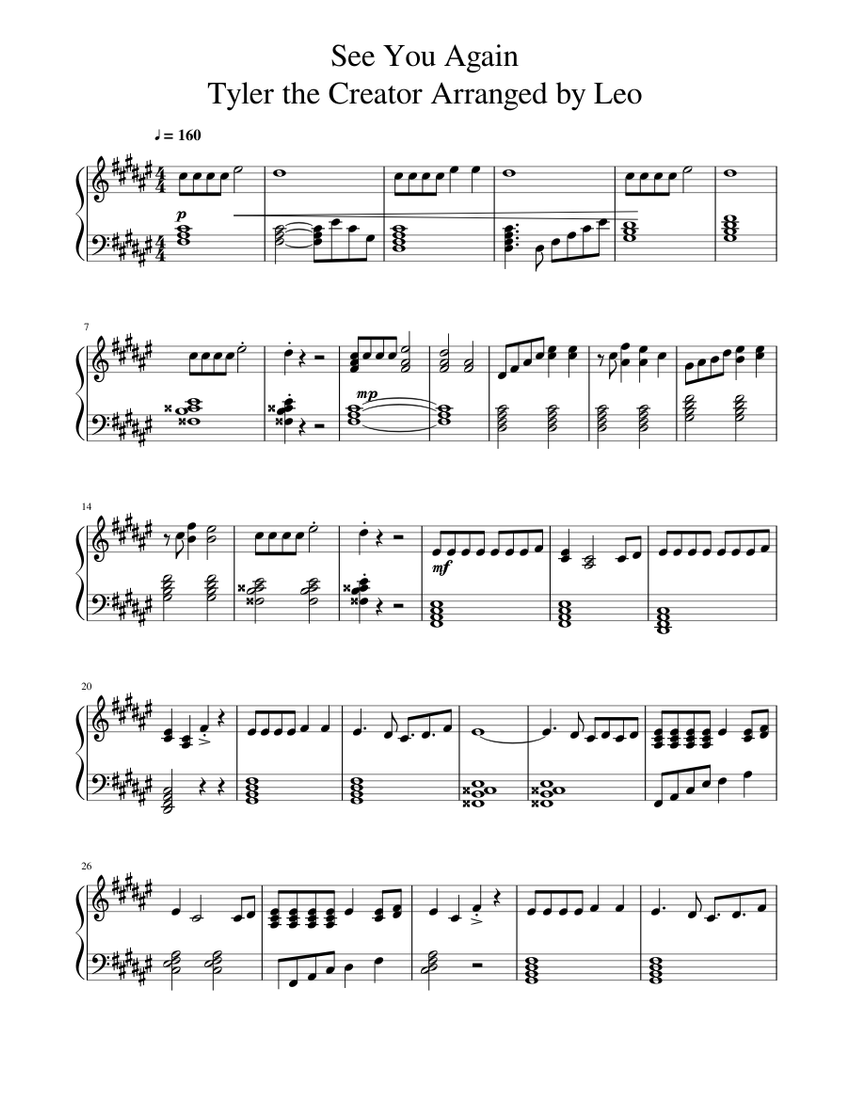 See You Again Tyler the Creator Arranged by Leo Sheet music for Piano